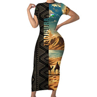 Djibouti Desert Landscape Tadjoura Short Sleeve Bodycon Dress with Camel Riders and Tribal Pattern Design