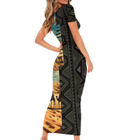 Djibouti Desert Landscape Tadjoura Short Sleeve Bodycon Dress with Camel Riders and Tribal Pattern Design