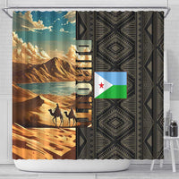 Djibouti Desert Landscape Tadjoura Shower Curtain with Camel Riders and Tribal Pattern Design