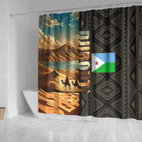 Djibouti Desert Landscape Tadjoura Shower Curtain with Camel Riders and Tribal Pattern Design