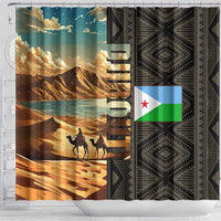 Djibouti Desert Landscape Tadjoura Shower Curtain with Camel Riders and Tribal Pattern Design