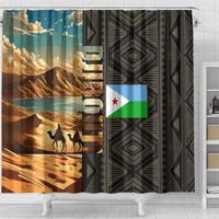Djibouti Desert Landscape Tadjoura Shower Curtain with Camel Riders and Tribal Pattern Design