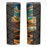 Djibouti Desert Landscape Tadjoura Skinny Tumbler with Camel Riders and Tribal Pattern Design