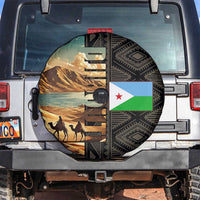 Djibouti Desert Landscape Tadjoura Spare Tire Cover with Camel Riders and Tribal Pattern Design