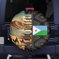 Djibouti Desert Landscape Tadjoura Spare Tire Cover with Camel Riders and Tribal Pattern Design