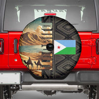 Djibouti Desert Landscape Tadjoura Spare Tire Cover with Camel Riders and Tribal Pattern Design