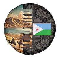 Djibouti Desert Landscape Tadjoura Spare Tire Cover with Camel Riders and Tribal Pattern Design