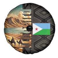 Djibouti Desert Landscape Tadjoura Spare Tire Cover with Camel Riders and Tribal Pattern Design
