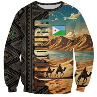 Djibouti Desert Landscape Tadjoura Sweatshirt with Camel Riders and Tribal Pattern Design