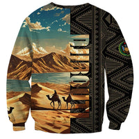Djibouti Desert Landscape Tadjoura Sweatshirt with Camel Riders and Tribal Pattern Design