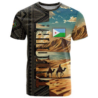 Djibouti Desert Landscape Tadjoura T Shirt with Camel Riders and Tribal Pattern Design