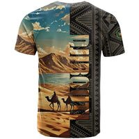Djibouti Desert Landscape Tadjoura T Shirt with Camel Riders and Tribal Pattern Design