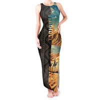 Djibouti Desert Landscape Tadjoura Tank Maxi Dress with Camel Riders and Tribal Pattern Design