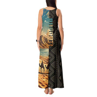 Djibouti Desert Landscape Tadjoura Tank Maxi Dress with Camel Riders and Tribal Pattern Design