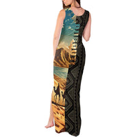 Djibouti Desert Landscape Tadjoura Tank Maxi Dress with Camel Riders and Tribal Pattern Design