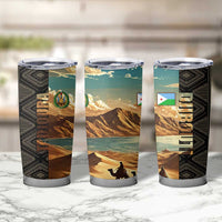 Djibouti Desert Landscape Tadjoura Tumbler Cup with Camel Riders and Tribal Pattern Design