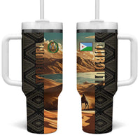 Djibouti Desert Landscape Tadjoura Tumbler With Handle with Camel Riders and Tribal Pattern Design