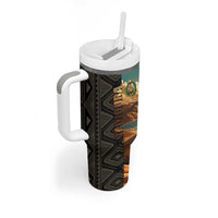 Djibouti Desert Landscape Tadjoura Tumbler With Handle with Camel Riders and Tribal Pattern Design