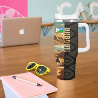 Djibouti Desert Landscape Tadjoura Tumbler With Handle with Camel Riders and Tribal Pattern Design