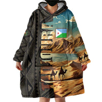 Djibouti Desert Landscape Tadjoura Wearable Blanket Hoodie with Camel Riders and Tribal Pattern Design