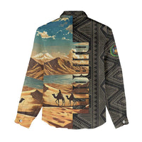 Djibouti Desert Landscape Tadjoura Women Casual Shirt with Camel Riders and Tribal Pattern Design