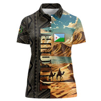 Djibouti Desert Landscape Tadjoura Women Polo Shirt with Camel Riders and Tribal Pattern Design