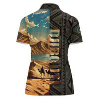 Djibouti Desert Landscape Tadjoura Women Polo Shirt with Camel Riders and Tribal Pattern Design