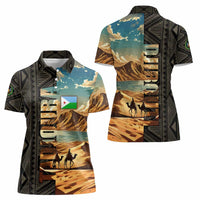 Djibouti Desert Landscape Tadjoura Women Polo Shirt with Camel Riders and Tribal Pattern Design
