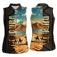 Djibouti Desert Landscape Tadjoura Women Sleeveless Polo Shirt with Camel Riders and Tribal Pattern Design