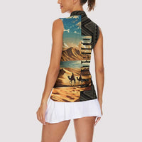 Djibouti Desert Landscape Tadjoura Women Sleeveless Polo Shirt with Camel Riders and Tribal Pattern Design