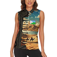 Djibouti Desert Landscape Tadjoura Women Sleeveless Polo Shirt with Camel Riders and Tribal Pattern Design
