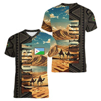 Djibouti Desert Landscape Tadjoura Women V-Neck T-Shirt with Camel Riders and Tribal Pattern Design