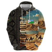 Djibouti Desert Landscape Tadjoura Zip Hoodie with Camel Riders and Tribal Pattern Design