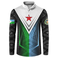 Djibouti Fusion Button Sweatshirt Tribal Geometry Meets National Colors and Red Star Boldness