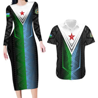 Djibouti Fusion Couples Matching Long Sleeve Bodycon Dress and Hawaiian Shirt Tribal Geometry Meets National Colors and Red Star Boldness