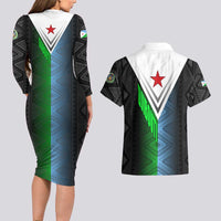 Djibouti Fusion Couples Matching Long Sleeve Bodycon Dress and Hawaiian Shirt Tribal Geometry Meets National Colors and Red Star Boldness