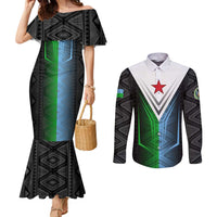 Djibouti Fusion Couples Matching Mermaid Dress and Long Sleeve Button Shirt Tribal Geometry Meets National Colors and Red Star Boldness