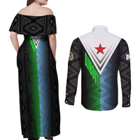 Djibouti Fusion Couples Matching Off Shoulder Maxi Dress and Long Sleeve Button Shirt Tribal Geometry Meets National Colors and Red Star Boldness
