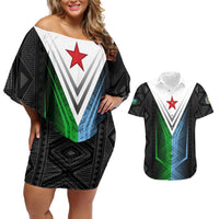 Djibouti Fusion Couples Matching Off Shoulder Short Dress and Hawaiian Shirt Tribal Geometry Meets National Colors and Red Star Boldness