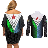 Djibouti Fusion Couples Matching Off Shoulder Short Dress and Long Sleeve Button Shirt Tribal Geometry Meets National Colors and Red Star Boldness