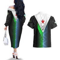 Djibouti Fusion Couples Matching Off The Shoulder Long Sleeve Dress and Hawaiian Shirt Tribal Geometry Meets National Colors and Red Star Boldness