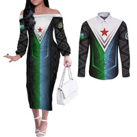 Djibouti Fusion Couples Matching Off The Shoulder Long Sleeve Dress and Long Sleeve Button Shirt Tribal Geometry Meets National Colors and Red Star Boldness
