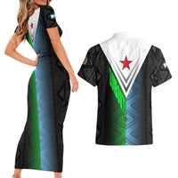 Djibouti Fusion Couples Matching Short Sleeve Bodycon Dress and Hawaiian Shirt Tribal Geometry Meets National Colors and Red Star Boldness