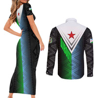 Djibouti Fusion Couples Matching Short Sleeve Bodycon Dress and Long Sleeve Button Shirt Tribal Geometry Meets National Colors and Red Star Boldness