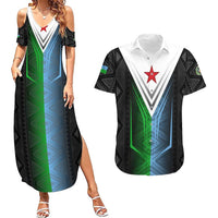 Djibouti Fusion Couples Matching Summer Maxi Dress and Hawaiian Shirt Tribal Geometry Meets National Colors and Red Star Boldness