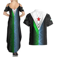 Djibouti Fusion Couples Matching Summer Maxi Dress and Hawaiian Shirt Tribal Geometry Meets National Colors and Red Star Boldness