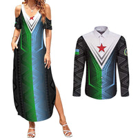 Djibouti Fusion Couples Matching Summer Maxi Dress and Long Sleeve Button Shirt Tribal Geometry Meets National Colors and Red Star Boldness