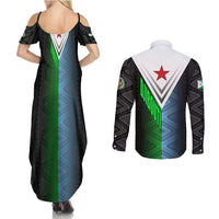 Djibouti Fusion Couples Matching Summer Maxi Dress and Long Sleeve Button Shirt Tribal Geometry Meets National Colors and Red Star Boldness
