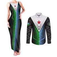 Djibouti Fusion Couples Matching Tank Maxi Dress and Long Sleeve Button Shirt Tribal Geometry Meets National Colors and Red Star Boldness