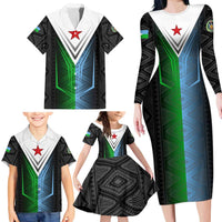 Djibouti Fusion Family Matching Long Sleeve Bodycon Dress and Hawaiian Shirt Tribal Geometry Meets National Colors and Red Star Boldness